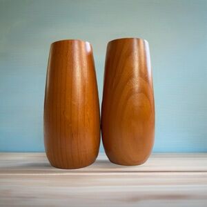 Vintage MCM Turned Wood Teardrop Pillar Candle Holder Set Decor Mid Century